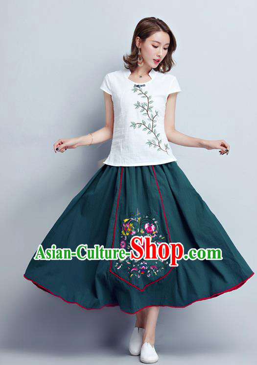 Traditional Ancient Chinese National Pleated Skirt Costume, Elegant Hanfu Embroidery Long Green Dress, China Tang Dynasty Bust Skirt for Women