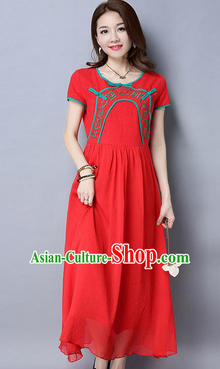 Traditional Ancient Chinese National Costume, Elegant Hanfu Qipao Linen Embroidery Red Dress, China Tang Suit Chirpaur Republic of China Cheongsam Upper Outer Garment Elegant Dress Clothing for Women