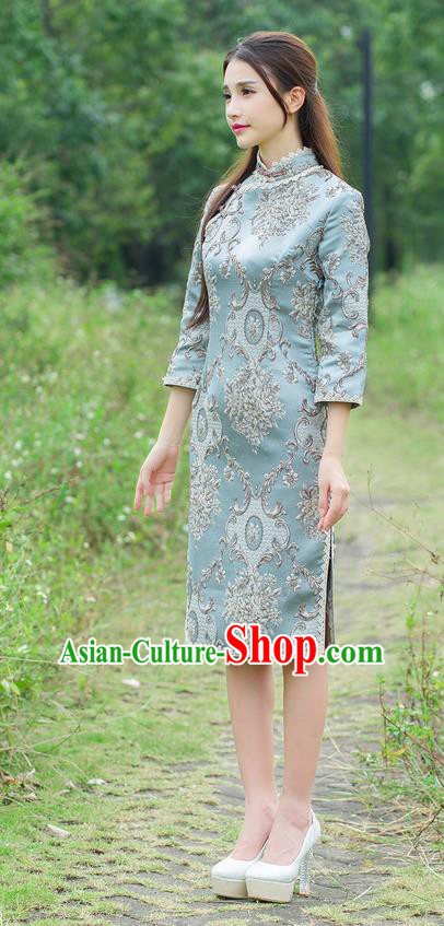 Traditional Ancient Chinese National Costume, Elegant Hanfu Mandarin Qipao Slant Opening Palace Embroidery Dress, China Tang Suit Chirpaur Republic of China Cheongsam Upper Outer Garment Elegant Dress Clothing for Women