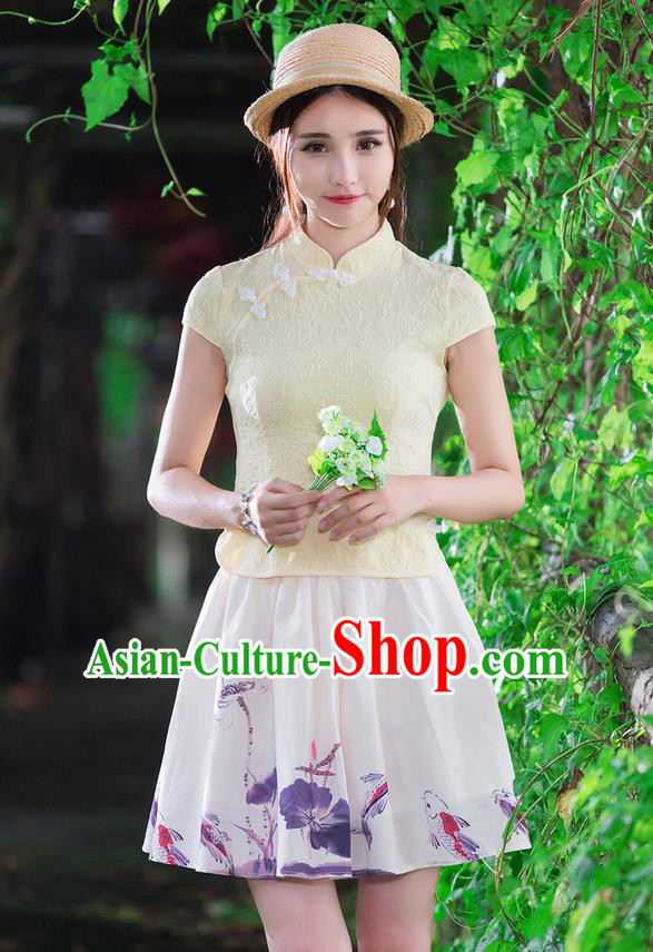 Traditional Chinese National Costume, Elegant Hanfu Slant Opening Light Yellow Jacquard Shirt, China Tang Suit Republic of China Stand Collar Blouse Cheongsam Upper Outer Garment Qipao Shirts Clothing for Women