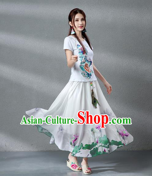 Traditional Ancient Chinese National Pleated Skirt Costume, Elegant Hanfu Chiffon Peacock Feathers Painting Lotus White Dress, China Tang Dynasty Big Swing Bust Skirt for Women