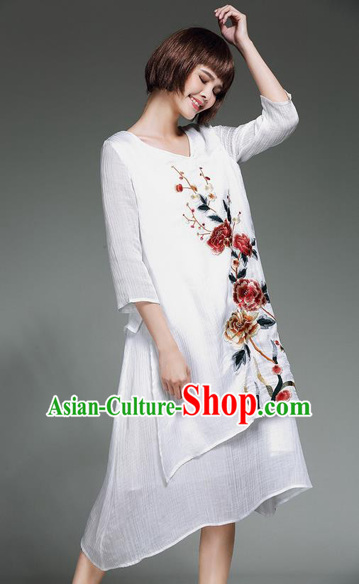 Traditional Ancient Chinese National Costume, Elegant Hanfu Embroidery Qipao Linen White Dress, China Tang Suit Chirpaur Republic of China Cheongsam Upper Outer Garment Elegant Dress Clothing for Women