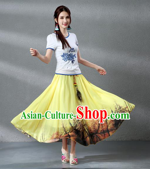 Traditional Ancient Chinese National Pleated Skirt Costume, Elegant Hanfu Chiffon Peacock Feathers Painting Yellow Dress, China Tang Dynasty Big Swing Bust Skirt for Women