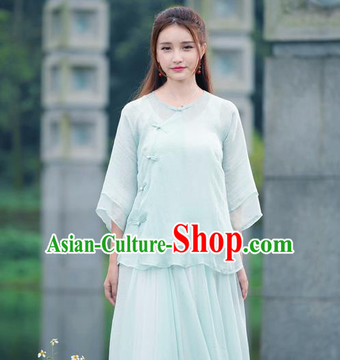 Traditional Chinese National Costume, Elegant Hanfu Slant Opening Blue T-Shirt, China Tang Suit Republic of China Plated Buttons Blouse Cheongsam Upper Outer Garment Qipao Shirts Clothing for Women