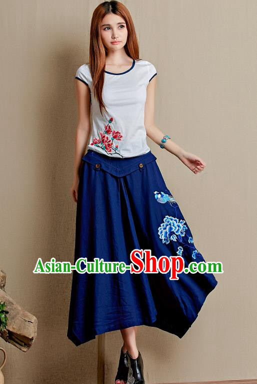 Traditional Ancient Chinese National Pleated Skirt Costume, Elegant Hanfu Linen Embroidery Long Blue Dress, China Tang Suit Big Swing Bust Skirt for Women