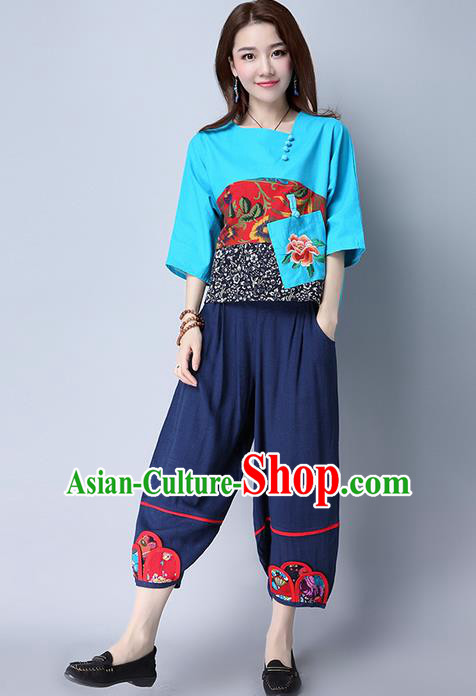 Traditional Chinese National Costume Plus Fours, Elegant Hanfu Patch Embroidered Navy Bloomers, China Ethnic Minorities Tang Suit Pantalettes for Women