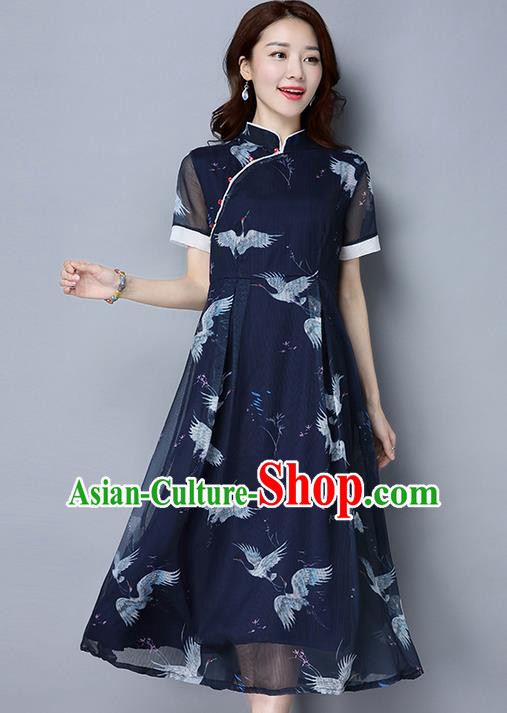 Traditional Ancient Chinese National Costume, Elegant Hanfu Mandarin Qipao Printing Crane Navy Dress, China Tang Suit Chirpaur Republic of China Cheongsam Upper Outer Garment Elegant Dress Clothing for Women