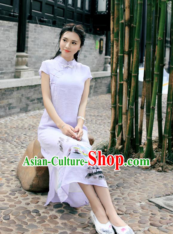 Traditional Ancient Chinese National Costume, Elegant Hanfu Mandarin Qipao Linen Hand Painting Orchid Purple Dress, China Tang Suit Chirpaur Republic of China Cheongsam Upper Outer Garment Elegant Dress Clothing for Women