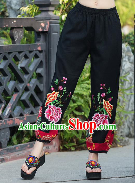 Traditional Chinese National Costume Plus Fours, Elegant Hanfu Red Patch Embroidered Peony Bloomers, China Ethnic Minorities Tang Suit Folk Dance Pantalettes for Women