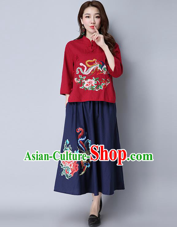 Traditional Ancient Chinese National Pleated Skirt Costume, Elegant Hanfu Linen Embroidery Peony Phoenix Long Navy Dress, China Tang Suit Bust Skirt for Women