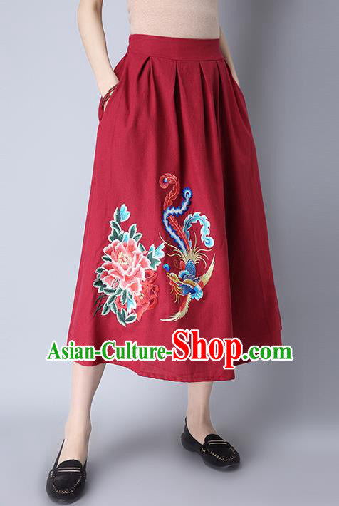 Traditional Ancient Chinese National Pleated Skirt Costume, Elegant Hanfu Linen Embroidery Peony Phoenix Long Red Dress, China Tang Suit Bust Skirt for Women