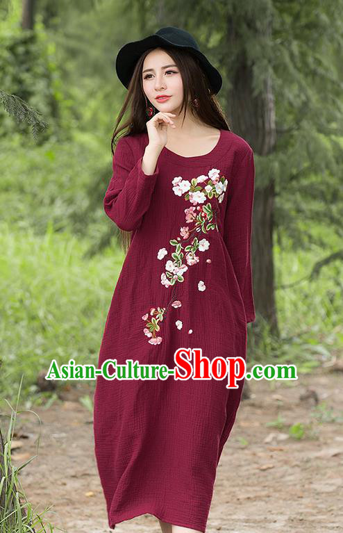 Traditional Ancient Chinese National Costume, Elegant Hanfu Embroidery Linen Red Dress, China Tang Suit Chirpaur Republic of China Cheongsam Upper Outer Garment Elegant Dress Clothing for Women