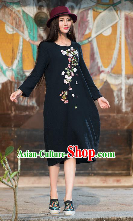 Traditional Ancient Chinese National Costume, Elegant Hanfu Embroidery Linen Black Dress, China Tang Suit Chirpaur Republic of China Cheongsam Upper Outer Garment Elegant Dress Clothing for Women