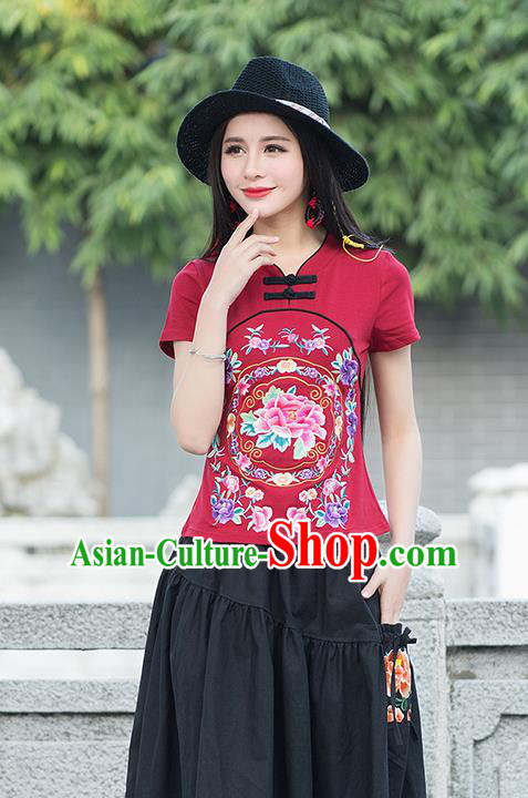 Traditional Chinese National Costume, Elegant Hanfu Embroidery Flowers Red T-Shirt, China Tang Suit Republic of China Plated Buttons Blouse Cheongsam Upper Outer Garment Qipao Shirts Clothing for Women