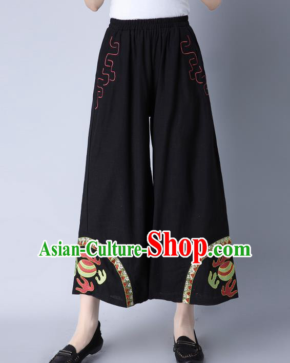 Traditional Chinese National Costume Loose Pants, Elegant Hanfu Embroidered Black Wide-leg Trousers, China Ethnic Minorities Folk Dance Baggy Pants for Women
