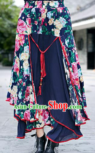 Traditional Ancient Chinese National Pleated Skirt Costume, Elegant Hanfu Big Swing Long Navy Dress, China National Minority Bust Skirt for Women