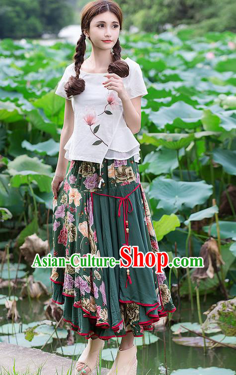 Traditional Ancient Chinese National Pleated Skirt Costume, Elegant Hanfu Big Swing Long Green Dress, China National Minority Bust Skirt for Women