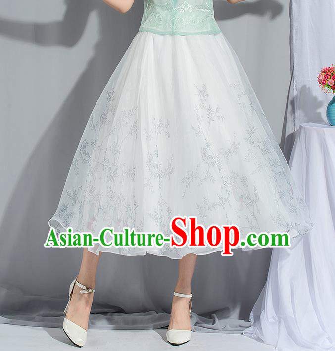 Traditional Ancient Chinese National Pleated Skirt Costume, Elegant Hanfu Chiffon Long White Dress, China Tang Dynasty Bust Skirt for Women