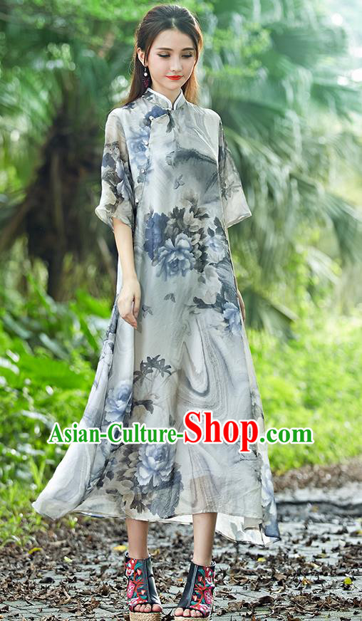 Traditional Ancient Chinese National Costume, Elegant Hanfu Mandarin Qipao Stand Collar Painting Grey Dress, China Tang Suit Chirpaur Republic of China Cheongsam Upper Outer Garment Elegant Dress Clothing for Women