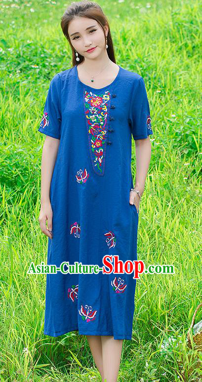 Traditional Ancient Chinese National Costume, Elegant Hanfu Mandarin Qipao Linen Embroidery Blue Dress, China Tang Suit Upper Outer Garment Elegant Dress Clothing for Women