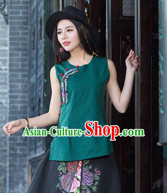 Traditional Chinese National Costume, Elegant Hanfu Embroidery Flowers Slant Opening Green T-Shirt, China Tang Suit Republic of China Plated Buttons Blouse Cheongsam Vest Upper Outer Garment Qipao Shirts Clothing for Women