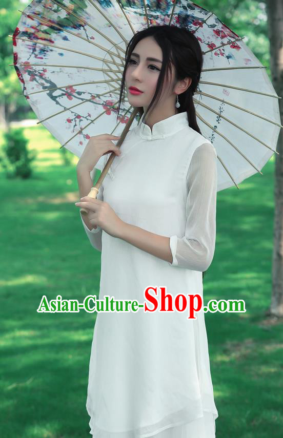 Traditional Chinese National Costume, Elegant Hanfu Silk Slant Opening Long White Blouse, China Tang Suit Republic of China Plated Buttons Blouse Cheongsam Upper Outer Garment Qipao Shirts Clothing for Women