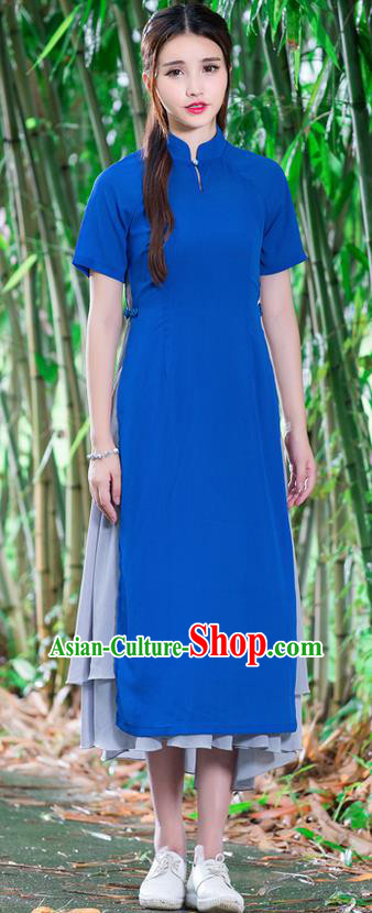 Traditional Ancient Chinese National Costume, Elegant Hanfu Mandarin Qipao Stand Collar Blue Dress, China Tang Suit Ao Dai Chirpaur Republic of China Cheongsam Upper Outer Garment Elegant Dress Clothing for Women