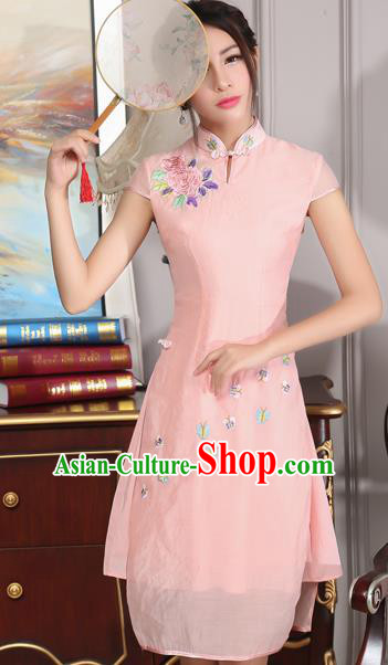 Traditional Ancient Chinese National Costume, Elegant Hanfu Mandarin Qipao Stand Collar Embroidery Pink Dress, China Tang Suit Chirpaur Republic of China Cheongsam Upper Outer Garment Elegant Dress Clothing for Women