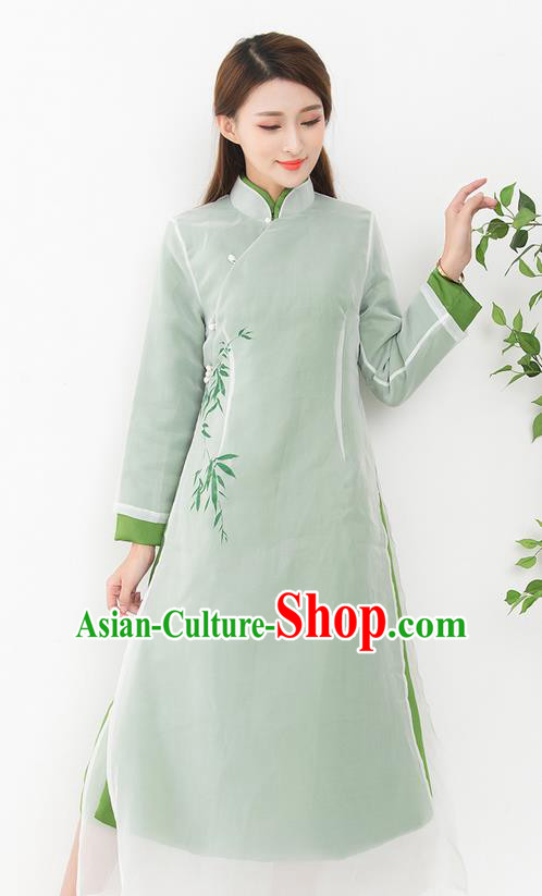 Traditional Ancient Chinese National Costume, Elegant Hanfu Mandarin Qipao Cotton Wadded Dress, China Tang Suit Cotton Wadded Chirpaur Republic of China Cheongsam Upper Outer Garment Elegant Dress Clothing for Women