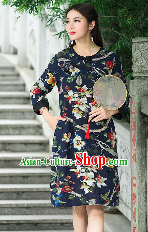 Traditional Ancient Chinese National Costume, Elegant Hanfu Mandarin Qipao Linen Painting Black Dress, China Tang Suit Chirpaur Republic of China Stand Collar Cheongsam Upper Outer Garment Elegant Dress Clothing for Women