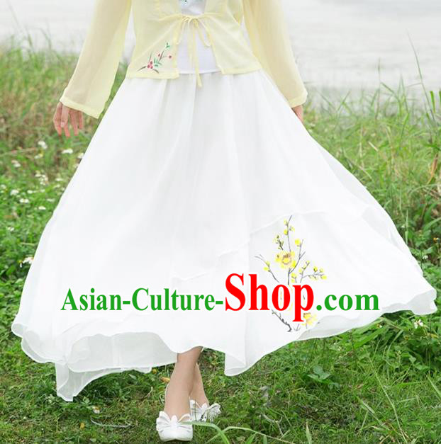 Traditional Ancient Chinese National Pleated Skirt Costume, Elegant Hanfu Linen Printing Long White Dress, China Tang Dynasty Bust Skirt for Women