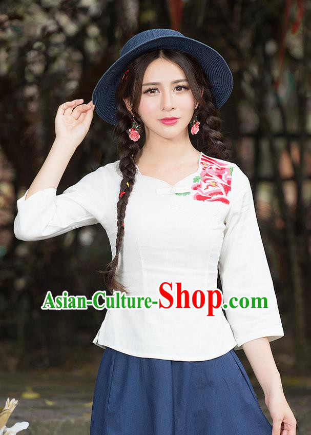 Traditional Chinese National Costume, Elegant Hanfu Embroidery Flowers White T-Shirt, China Tang Suit Republic of China Plated Buttons Blouse Cheongsam Upper Outer Garment Qipao Shirts Clothing for Women