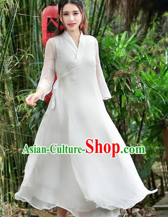 Traditional Ancient Chinese National Pleated Skirt Costume, Elegant Hanfu Mulberry Silk Slant Opening Long White Dress, China Tang Suit Chirpaur Republic of China Cheongsam Upper Outer Garment Elegant Dress Clothing for Women