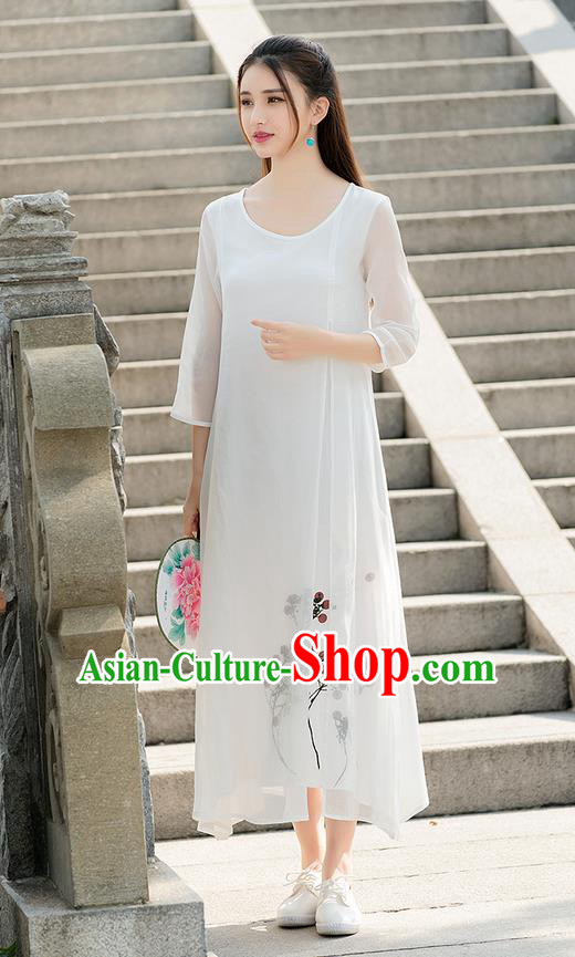 Traditional Ancient Chinese National Costume, Elegant Hanfu Printing Chiffon Long Dress, China Tang Suit Chirpaur Republic of China Cheongsam Upper Outer Garment Elegant Dress Clothing for Women