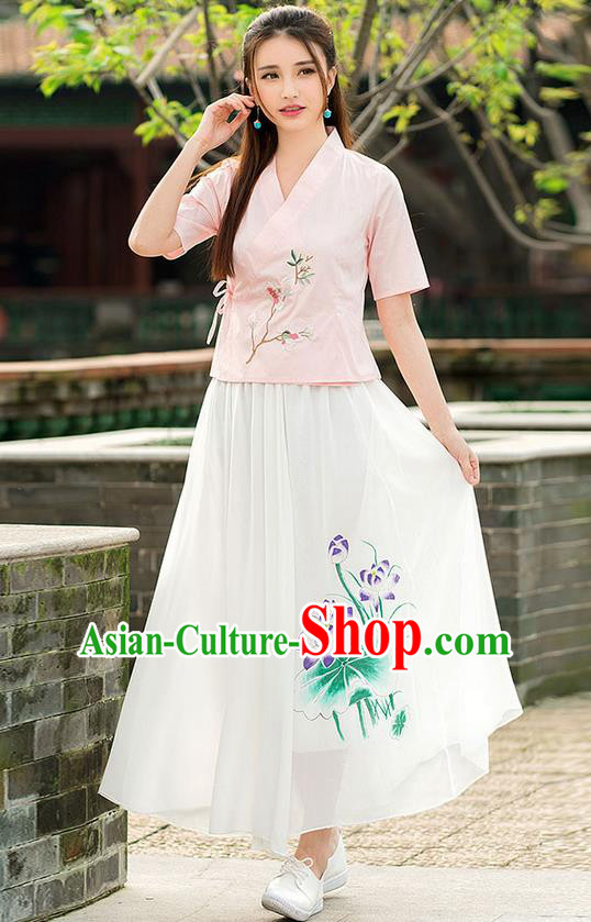 Traditional Ancient Chinese National Pleated Skirt Costume, Elegant Hanfu Chiffon Printing Lotus Long White Dress, China Tang Dynasty Bust Skirt for Women
