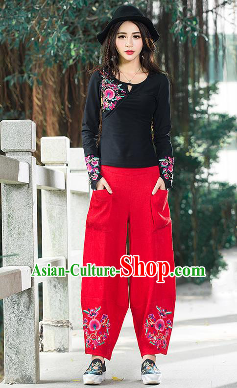 Traditional Chinese National Costume Plus Fours, Elegant Hanfu Embroidery Red Corduroy Bloomers, China Ethnic Minorities Folk Dance Tang Suit Pantalettes for Women