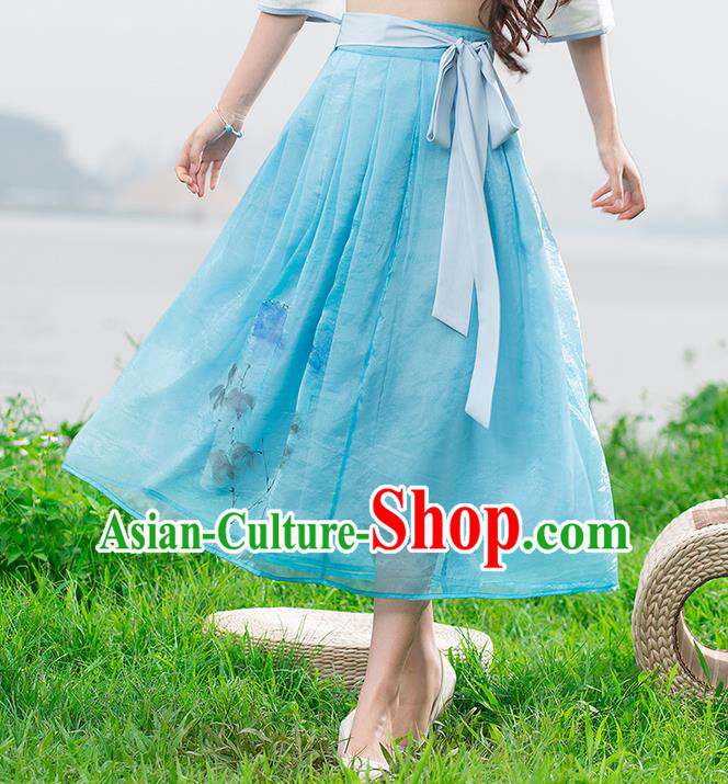 Traditional Ancient Chinese National Pleated Skirt Costume, Elegant Hanfu Chiffon Long Blue Dress, China Tang Dynasty Bust Skirt for Women