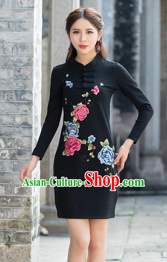 Traditional Ancient Chinese National Costume, Elegant Hanfu Mandarin Qipao Linen Embroidery Black Dress, China Tang Suit Plated Buttons Chirpaur Republic of China Cheongsam Upper Outer Garment Elegant Dress Clothing for Women