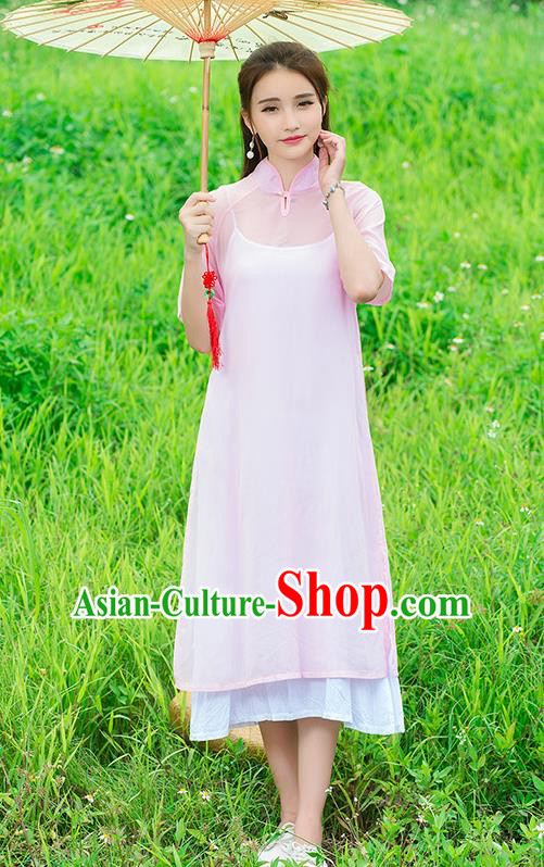 Traditional Ancient Chinese National Costume, Elegant Hanfu Mandarin Qipao Stand Collar Two-Piece Pink Chiffon Dress, China Tang Suit Plated Buttons Chirpaur Republic of China Cheongsam Upper Outer Garment Elegant Dress Clothing for Women