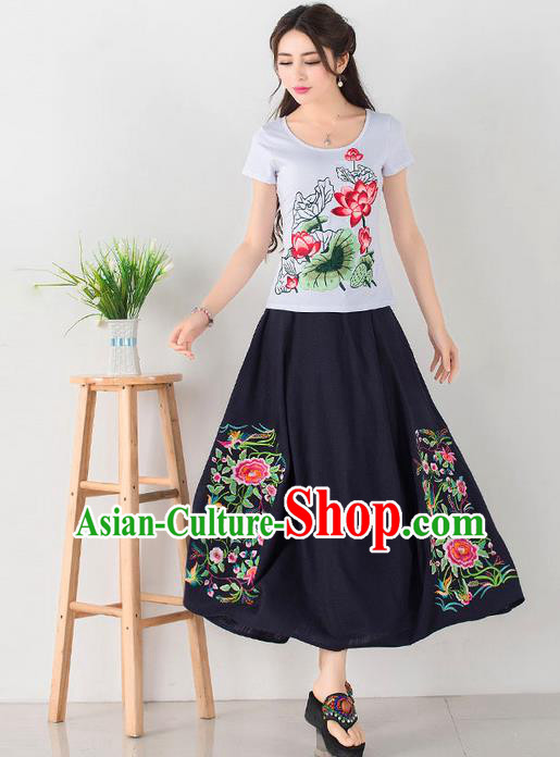 Traditional Ancient Chinese National Pleated Skirt Costume, Elegant Hanfu Embroidery Flowers Long Navy Skirt, China Tang Dynasty Bust Skirt for Women