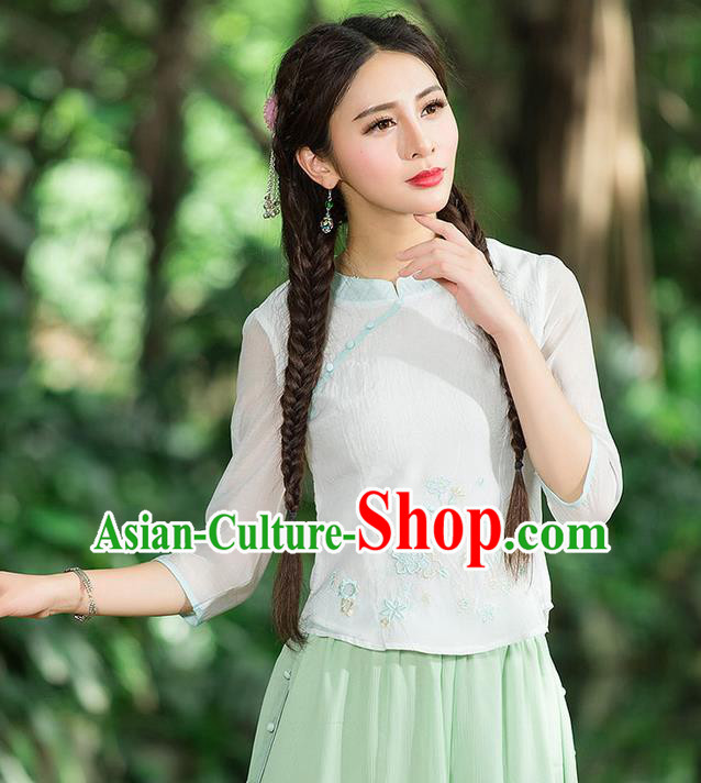 Traditional Chinese National Costume, Elegant Hanfu Embroidery Flowers Slant Opening Organza Shirt, China Tang Suit Republic of China Blouse Cheongsam Upper Outer Garment Qipao Shirts Clothing for Women