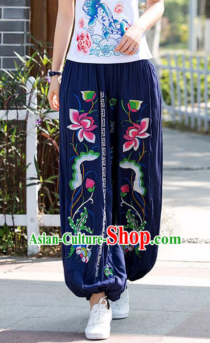 Traditional Chinese National Costume Plus Fours, Elegant Hanfu Patch Embroidery Lotus Navy Bloomers, China Ethnic Minorities Folk Dance Tang Suit Pantalettes for Women