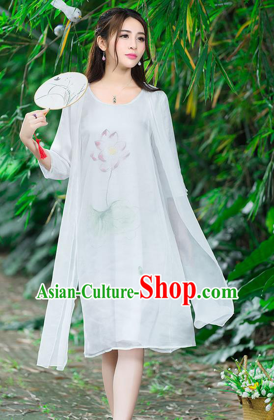 Traditional Ancient Chinese National Costume, Elegant Hanfu Painting Flowers White Dress, China Tang Suit National Minority Dance Elegant Dress Clothing for Women