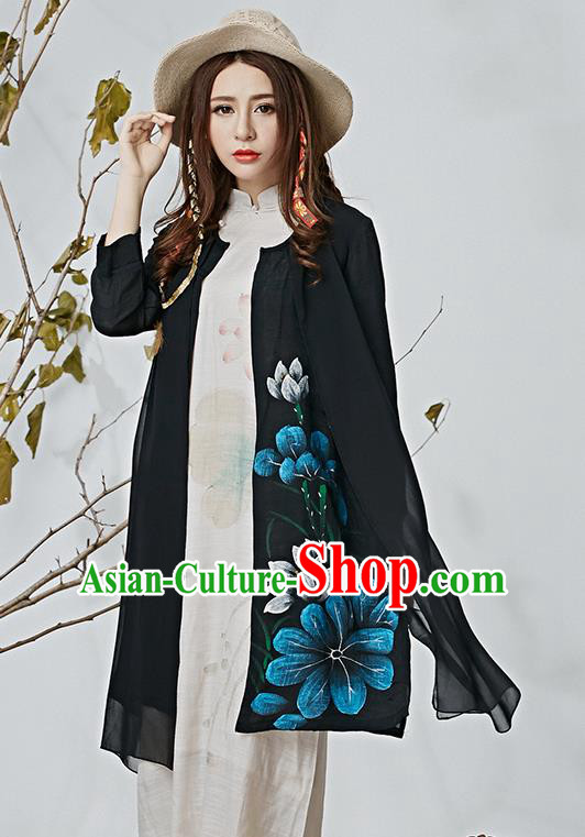 Traditional Ancient Chinese National Costume, Elegant Hanfu Black Cardigan, China Tang Suit Cape, Upper Outer Garment Dust Coat Cloak Clothing for Women