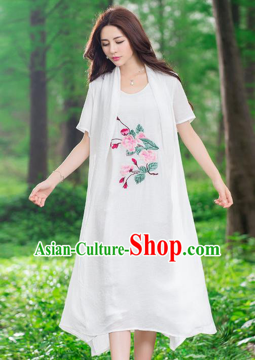 Traditional Ancient Chinese National Costume, Elegant Hanfu Mandarin Qipao Linen Embroidery White Dress, China Tang Suit National Minority Dance Elegant Dress Clothing for Women