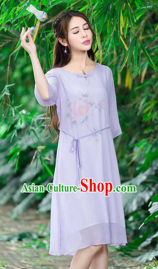 Traditional Ancient Chinese National Costume, Elegant Hanfu Mandarin Qipao Hand Painting Purple Dress, China Tang Suit National Minority Dance Chirpaur Republic of China Cheongsam Upper Outer Garment Elegant Dress Clothing for Women