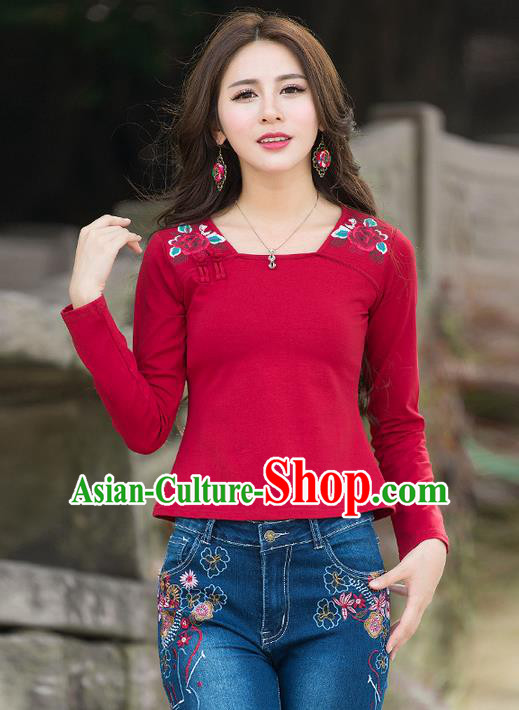 Traditional Chinese National Costume, Elegant Hanfu Embroidery Flowers Red T-Shirt, China Tang Suit Republic of China Plated Buttons Blouse Cheongsam Upper Outer Garment Qipao Shirts Clothing for Women