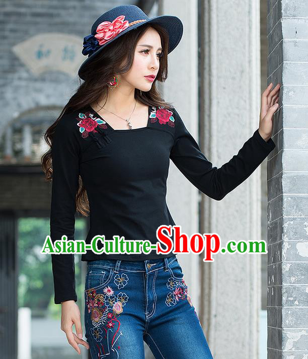 Traditional Chinese National Costume, Elegant Hanfu Embroidery Flowers Black T-Shirt, China Tang Suit Republic of China Plated Buttons Blouse Cheongsam Upper Outer Garment Qipao Shirts Clothing for Women