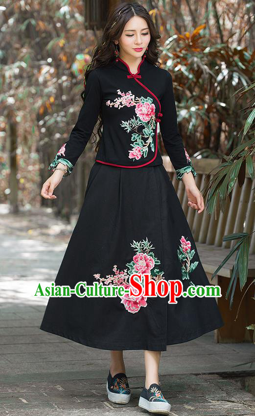 Traditional Chinese National Costume, Elegant Hanfu Hand Embroidery Flowers Black T-Shirt, China Tang Suit Republic of China Plated Buttons Blouse Cheongsam Upper Outer Garment Qipao Shirts Clothing for Women