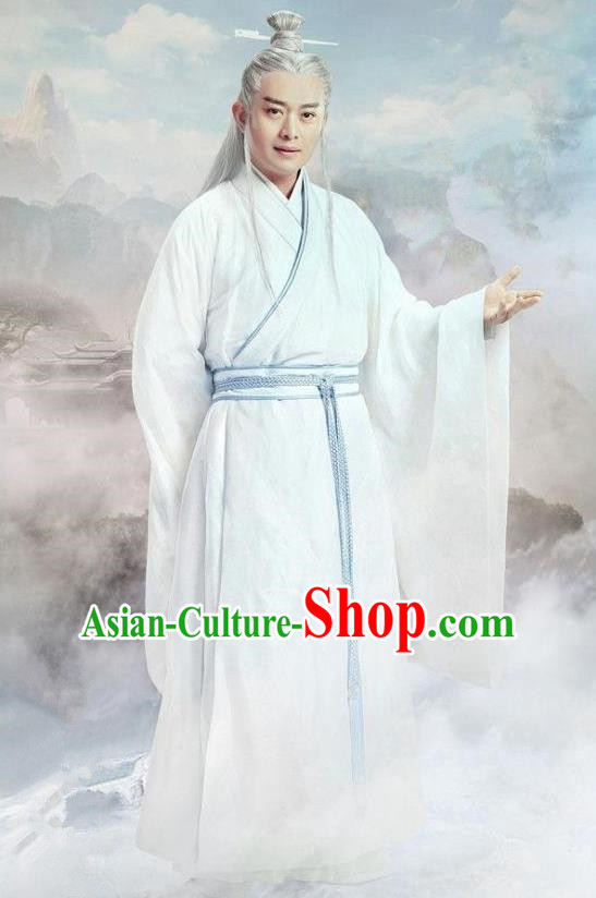 Traditional Ancient Chinese Elegant Swordsman Costume, Chinese Han Dynasty Taoist Priest Robes Kung fu Master White Dress, Cosplay Chinese Television Drama Jade Dynasty Qing Yun Faction Owners Hanfu Clothing for Men